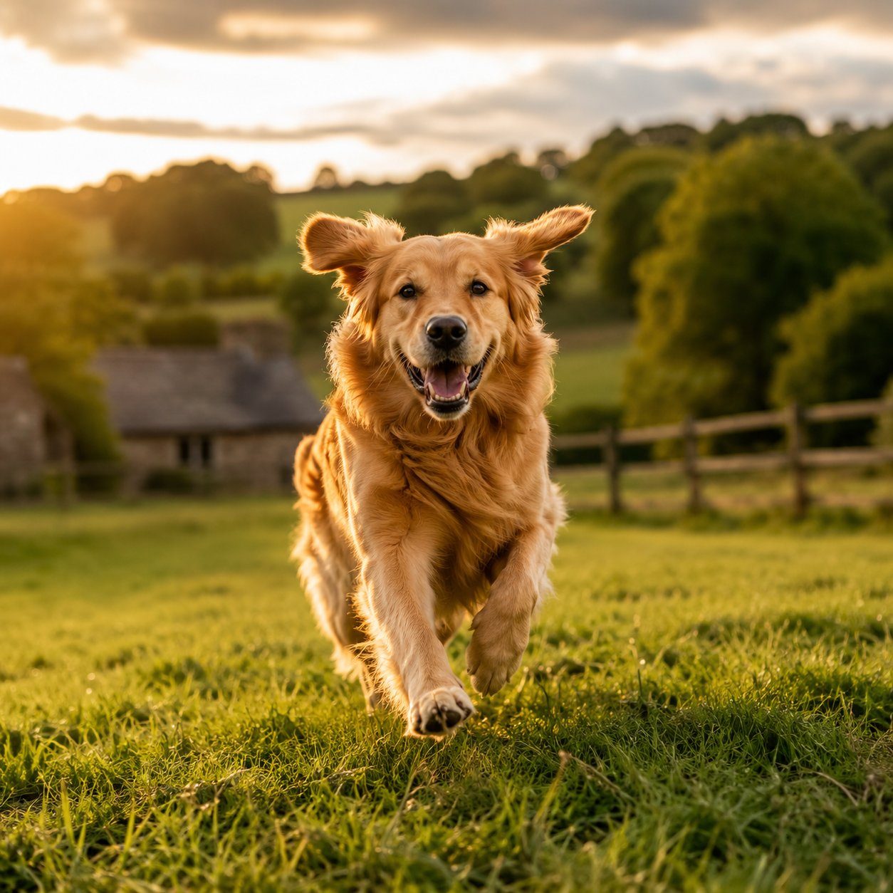 Golden dog running on green grass