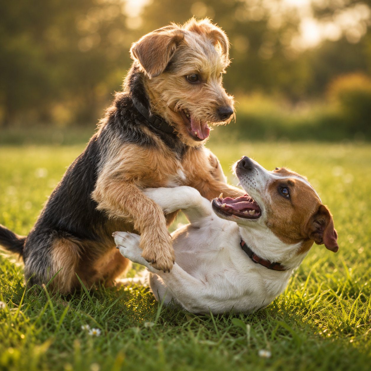 Two brown and white dogs playing together