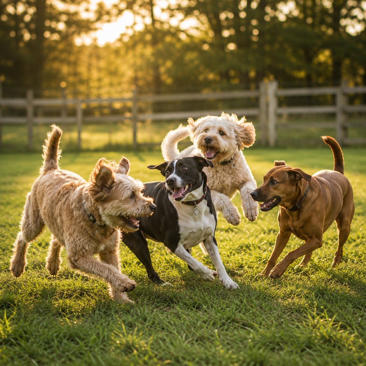 Dogs at play in the meadow