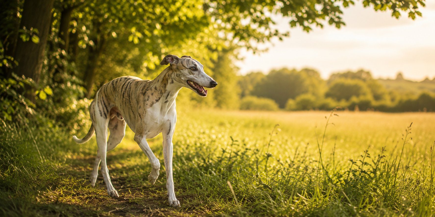 A dog running across a field near trees