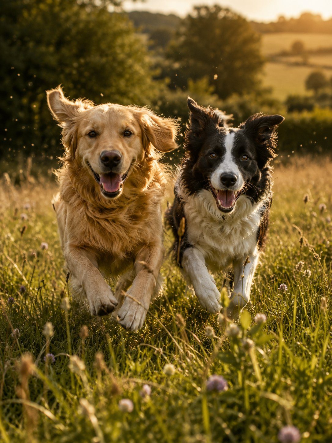 Two dogs running together through tall grass