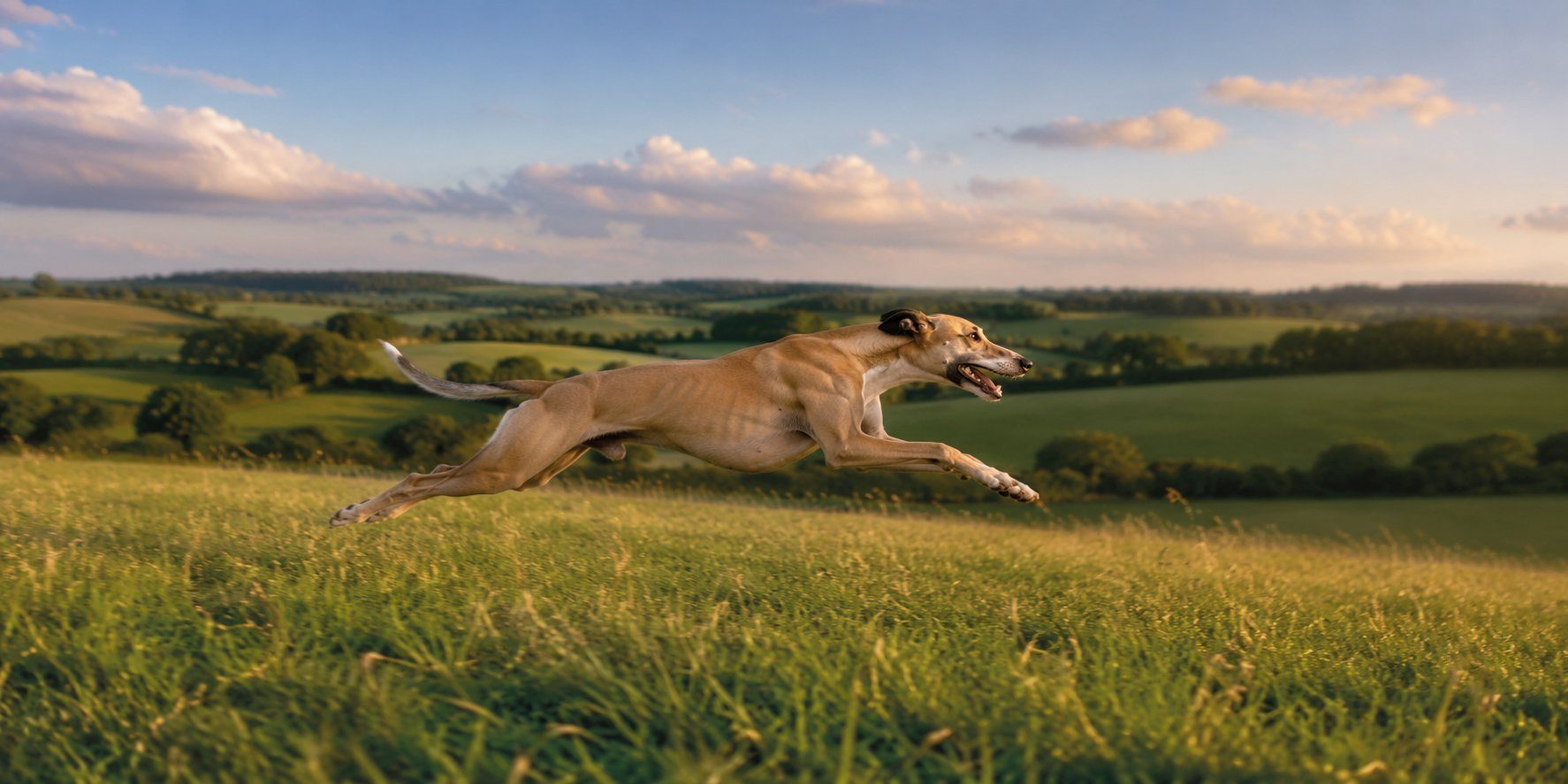 A dog bounding across an open field