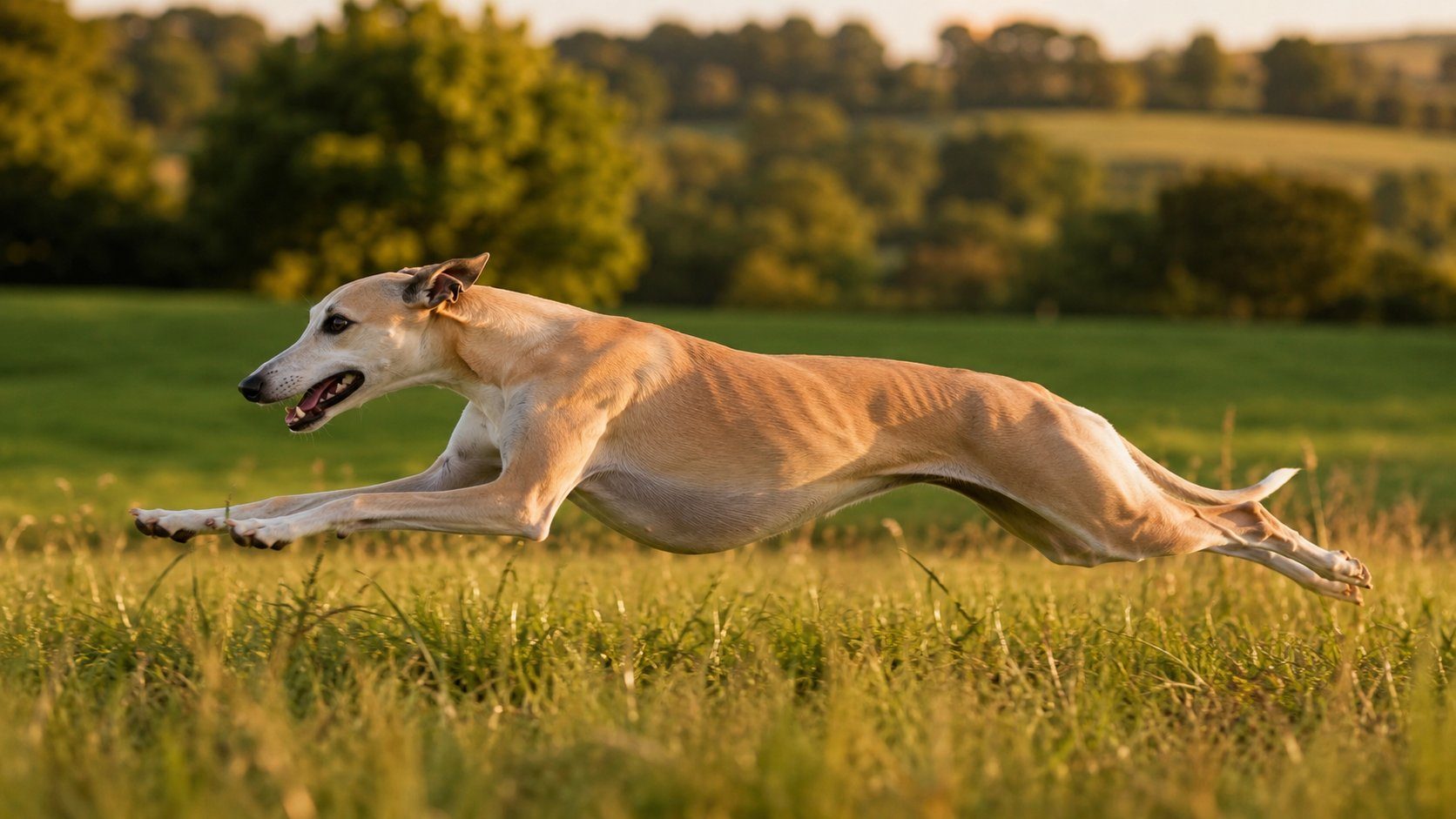 A happy dog running through a sunlit green field