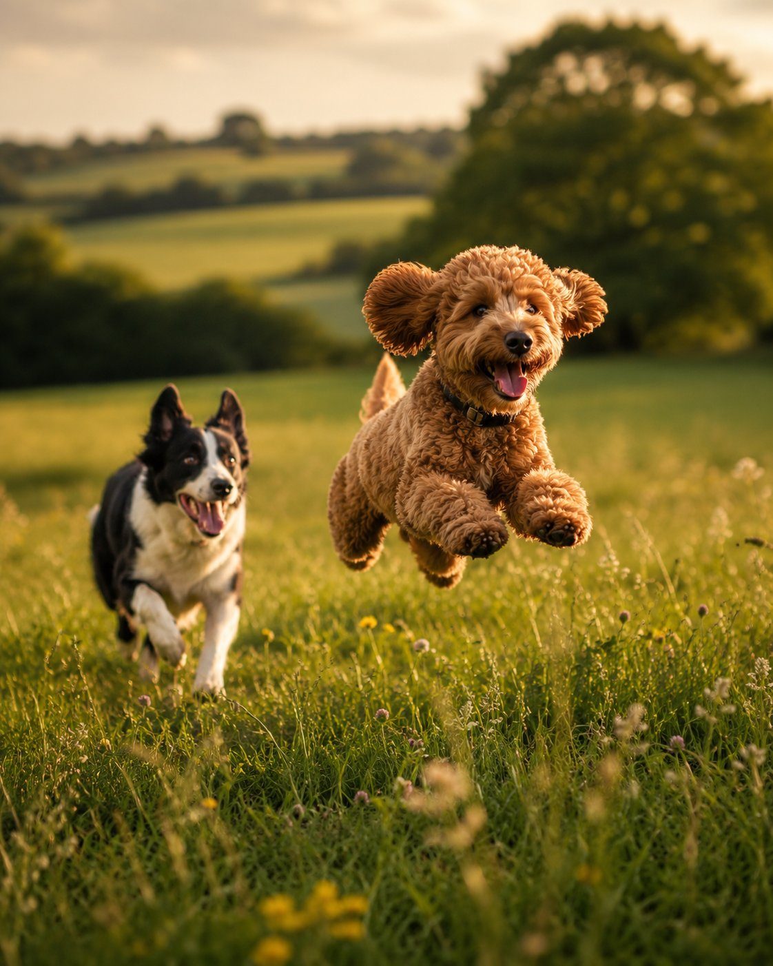 Two dogs running and playing together outdoors